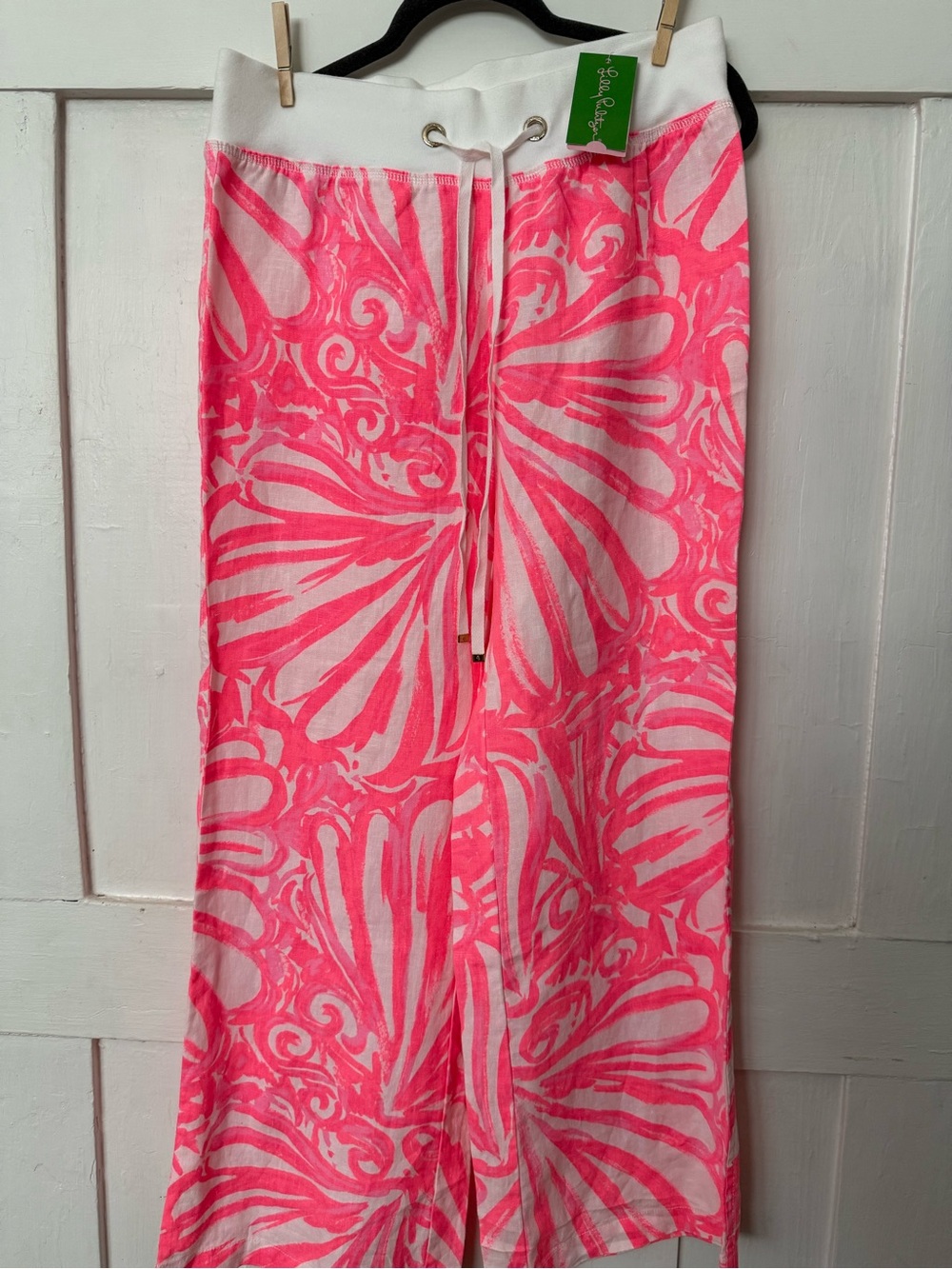 Lilly Pulitzer Neon Pink & White Wide-Leg Drawstring Pants with Floral Swirl NWT